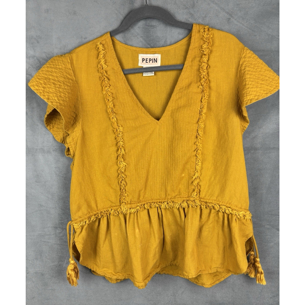 Pepin Anthropologie Angelic Peplum Top Womens Large Yellow Linen Blend